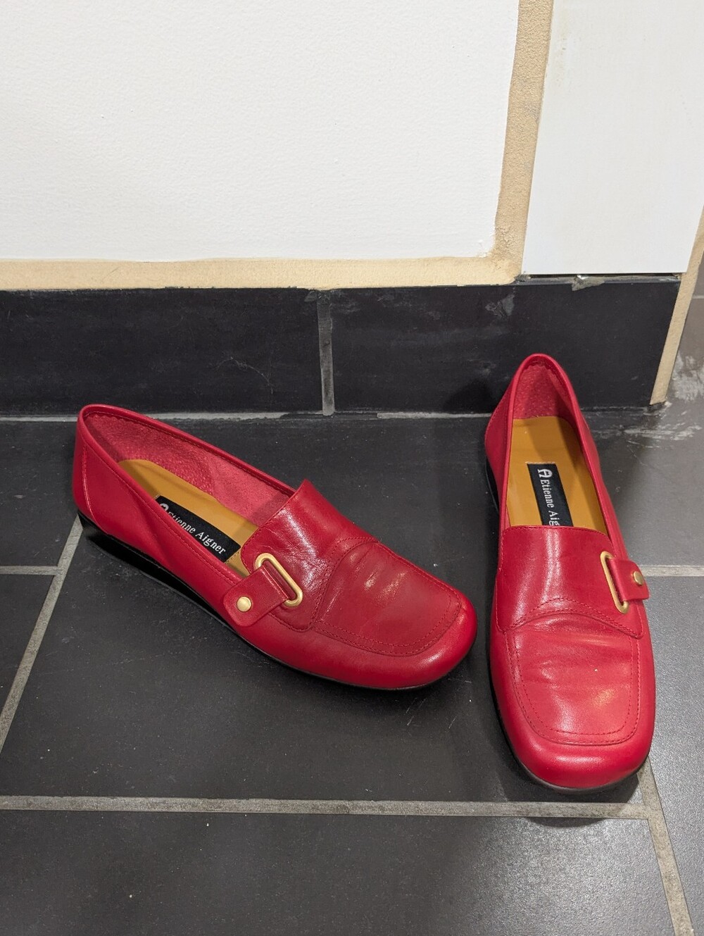 red leather loafers